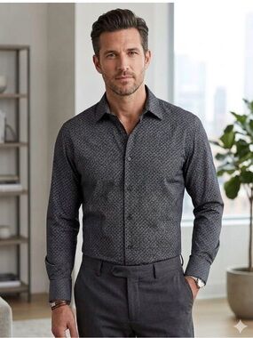 Claiborne Men Black Geometric Print Long Sleeve CottonButton Dress Shirt L 1804